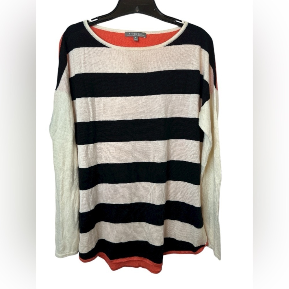 Neiman Marcus The Cashmere Collection Womens Striped Sweater White/Black/Coral